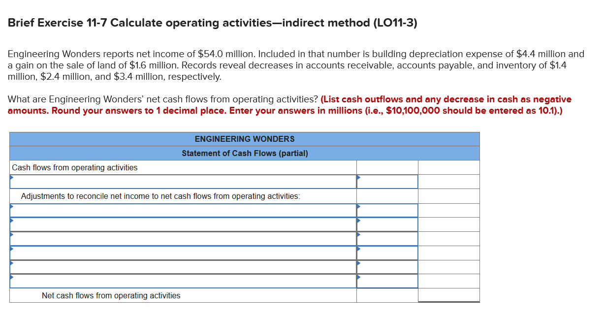 Brief Exercise 11-7 Calculate operating activities-indirect method (LO11-3) Engineering Wonders reports