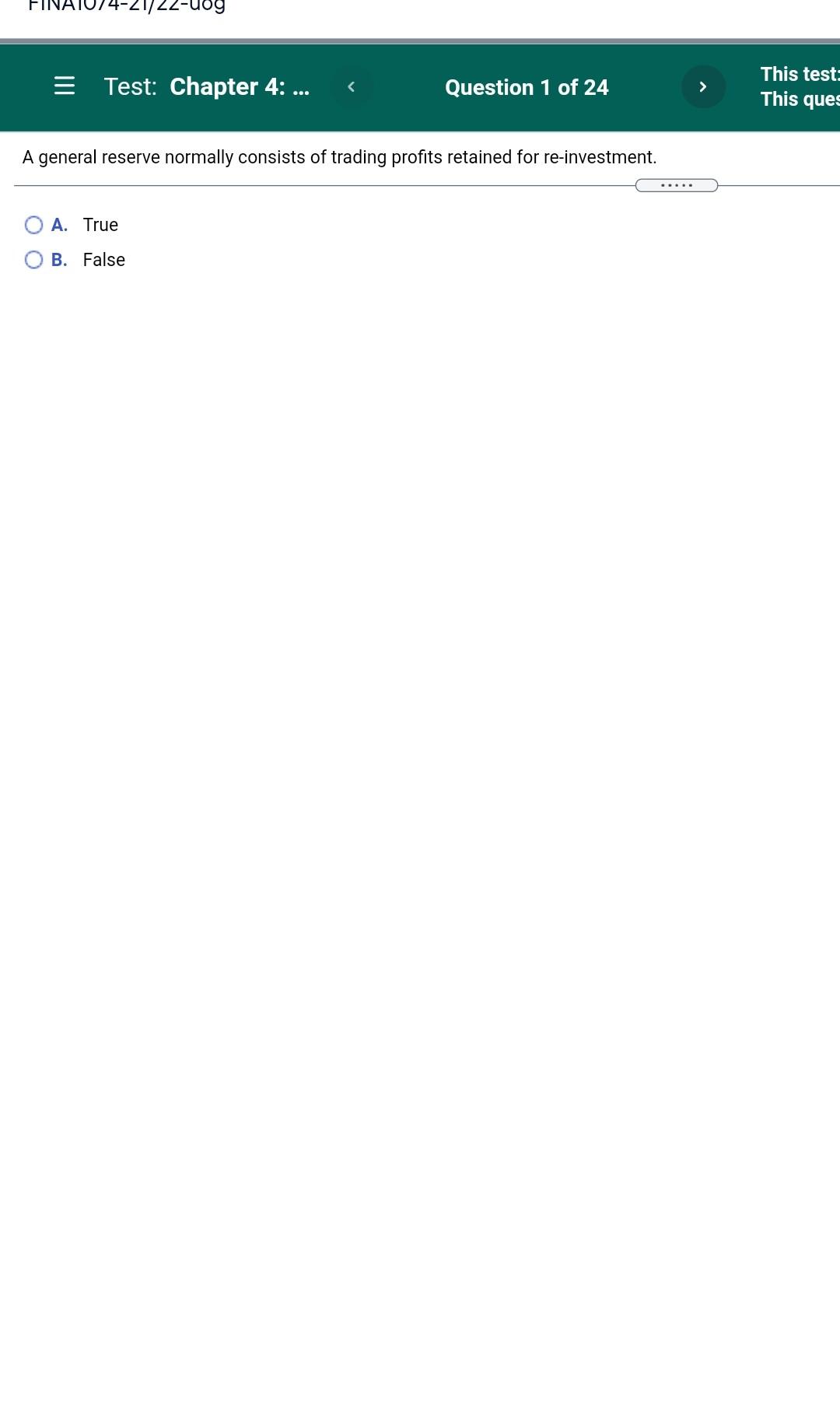 FINA 14-21/22-uog This test: = Test: Chapter 4: ... Question 1