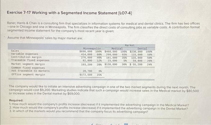  Exercise 7-17 Working with a Segmented Income Statement (L07-4) Raner, Harris