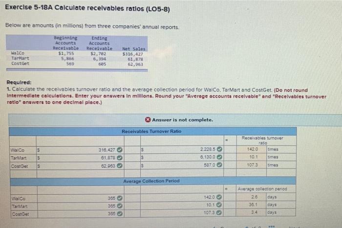 why its saying answer is not complete Exercise 5-18A Calculate recelvables ratlos