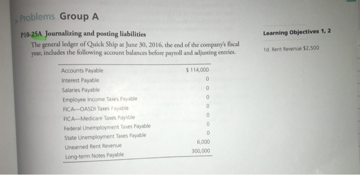  Problems Group A P10-25A Journalizing and posting liabilities Learning Objectives 1,
