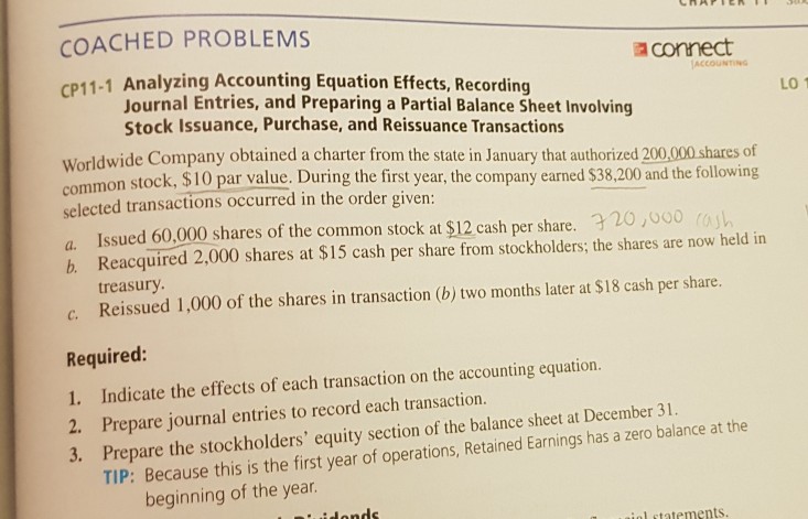  COACHED PROBLEMS P11-1 Analyzing Accounting Equation Effects, Recording a connect Journal