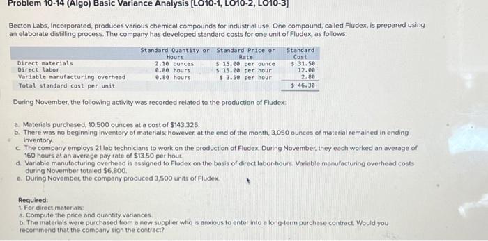  Problem 10-14 (Algo) Basic Variance Analysis [LO10-1, LO10-2, LO10-3] Becton Labs,