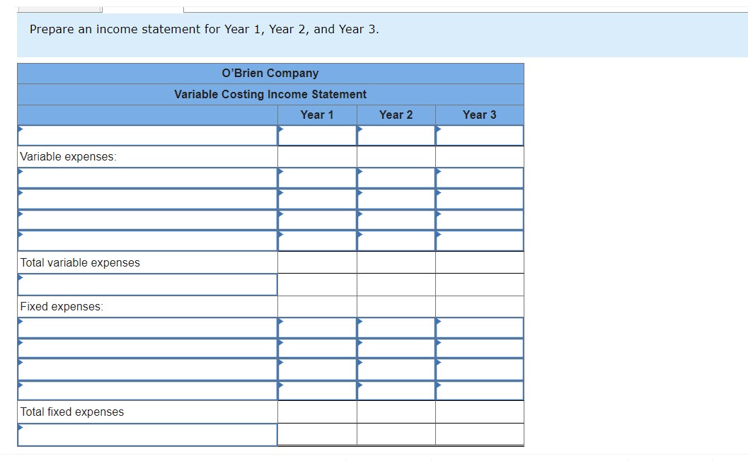 questions displayed below.] O'Brien Company manufactures and sells one product. The following