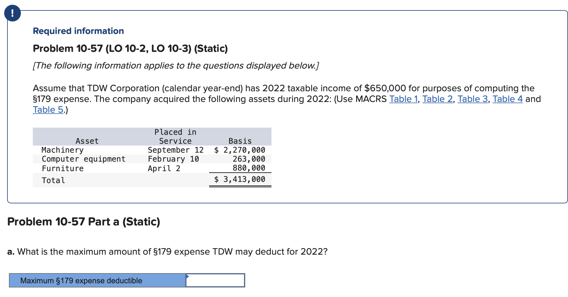 show math to answer Problem 10-57 (LO 10-2, LO 10-3) (Static) [The