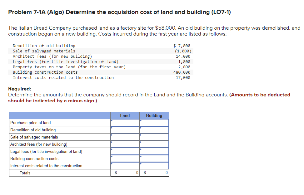  Problem 7-1A (Algo) Determine the acquisition cost of land and building