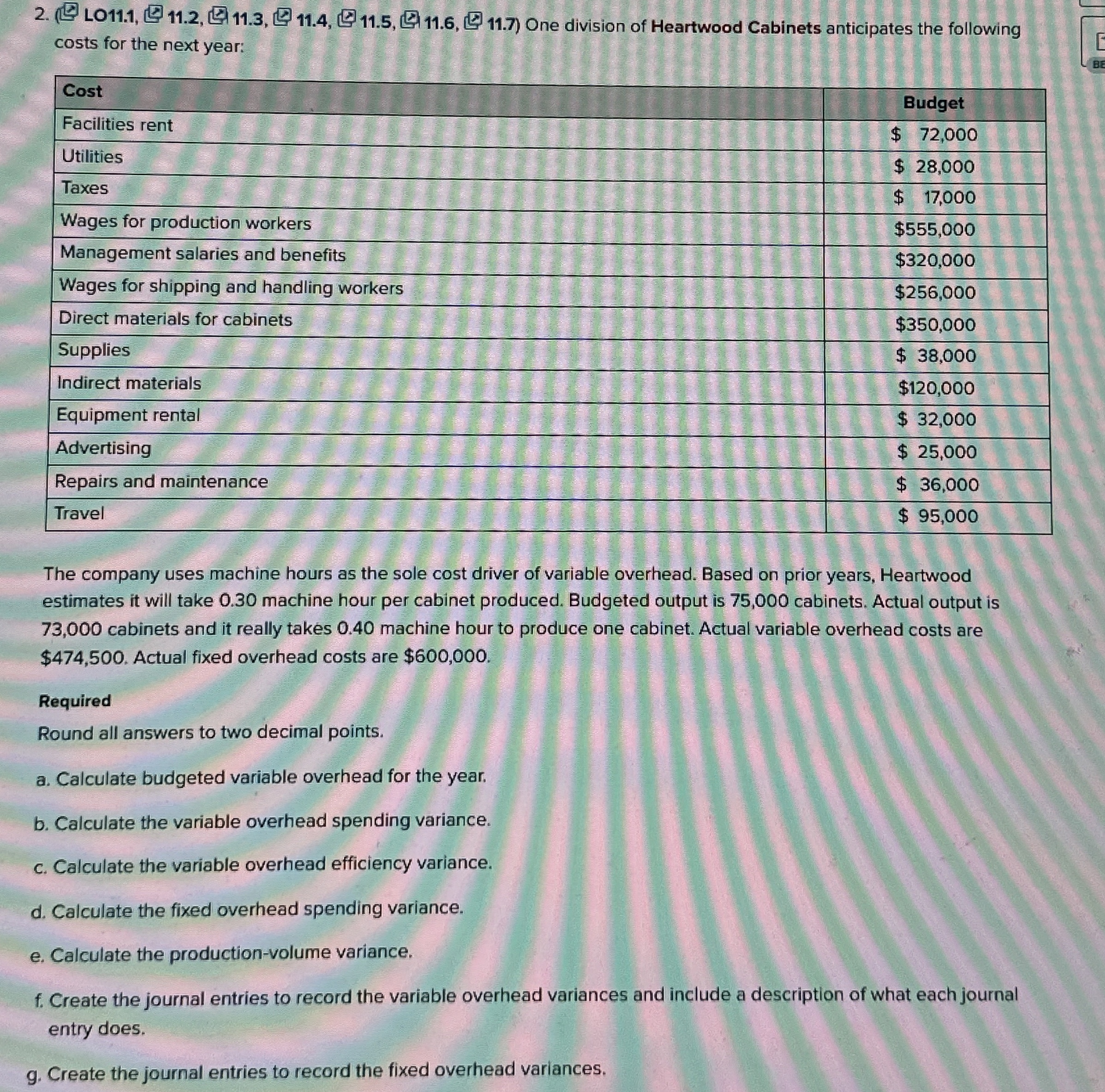  LO11.1,11.2,11.311.4,11.5, costs for the next year: The company uses machine hours