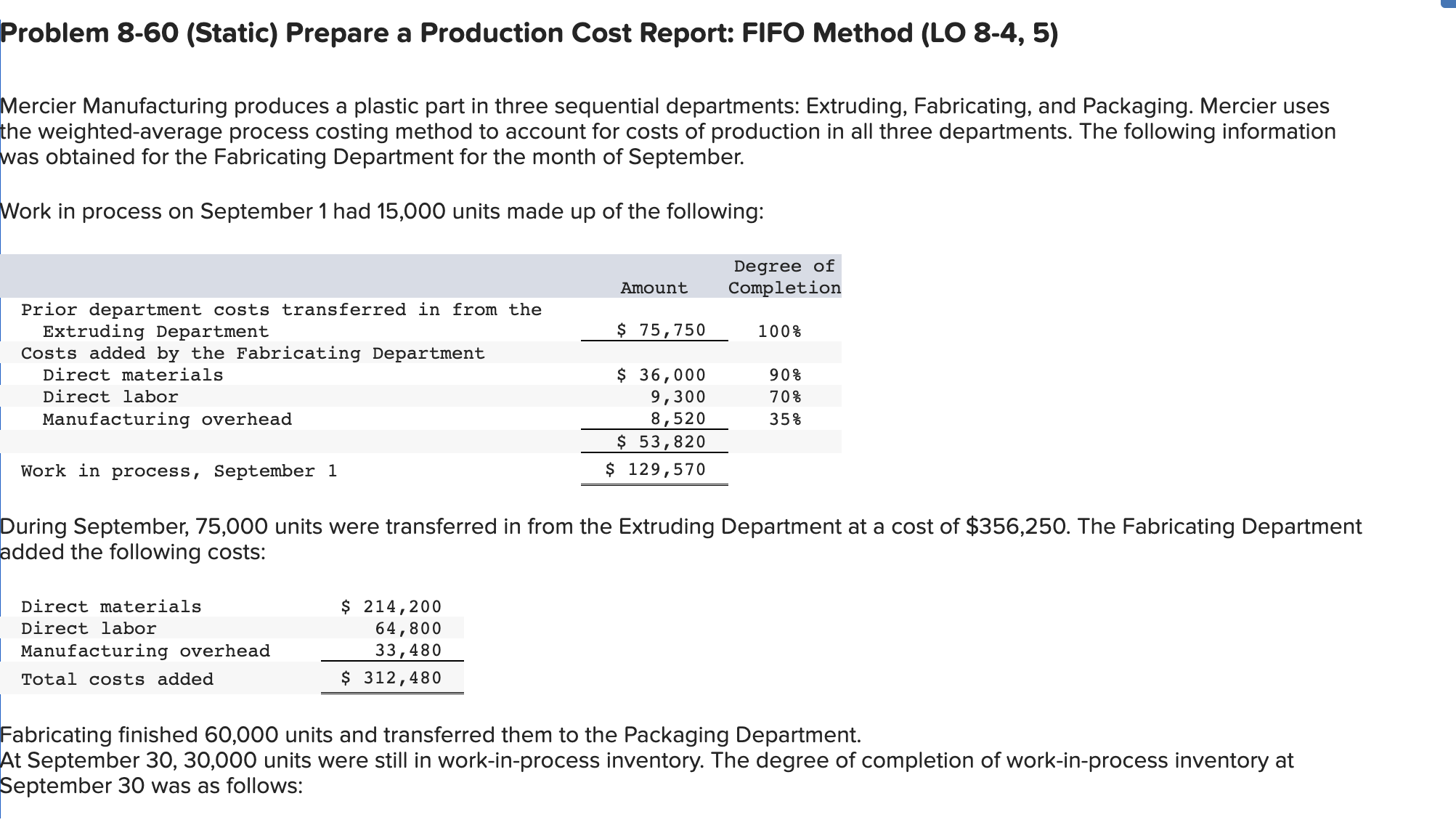 Problem 8-60 (Static) Prepare a Production Cost Report: FIFO Method (LO