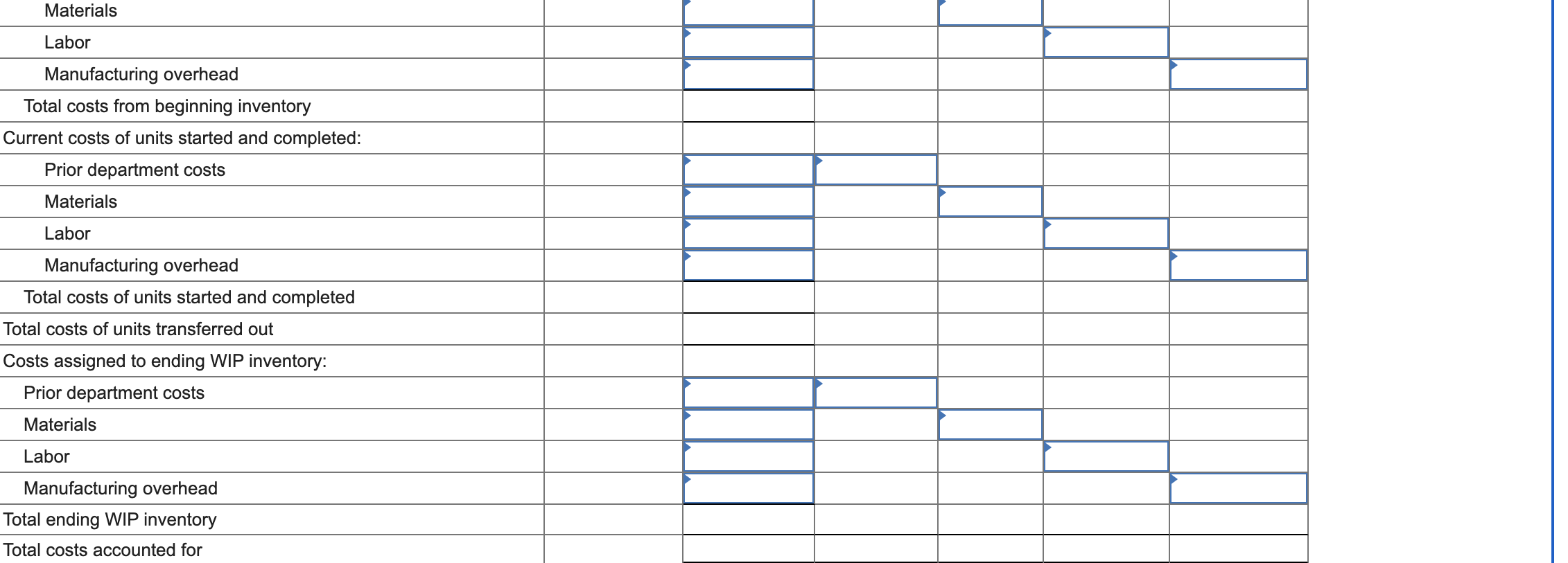 account for costs of production in all three departments. The following information