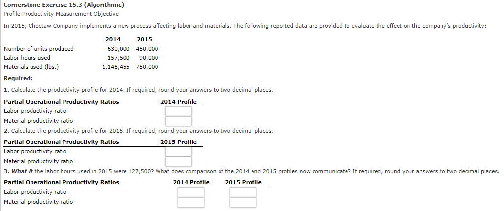 Cornerstone Exercise 15.3 (Algorithmic) Profile Productivity Measurement Objective In 2015, Choctaw Company