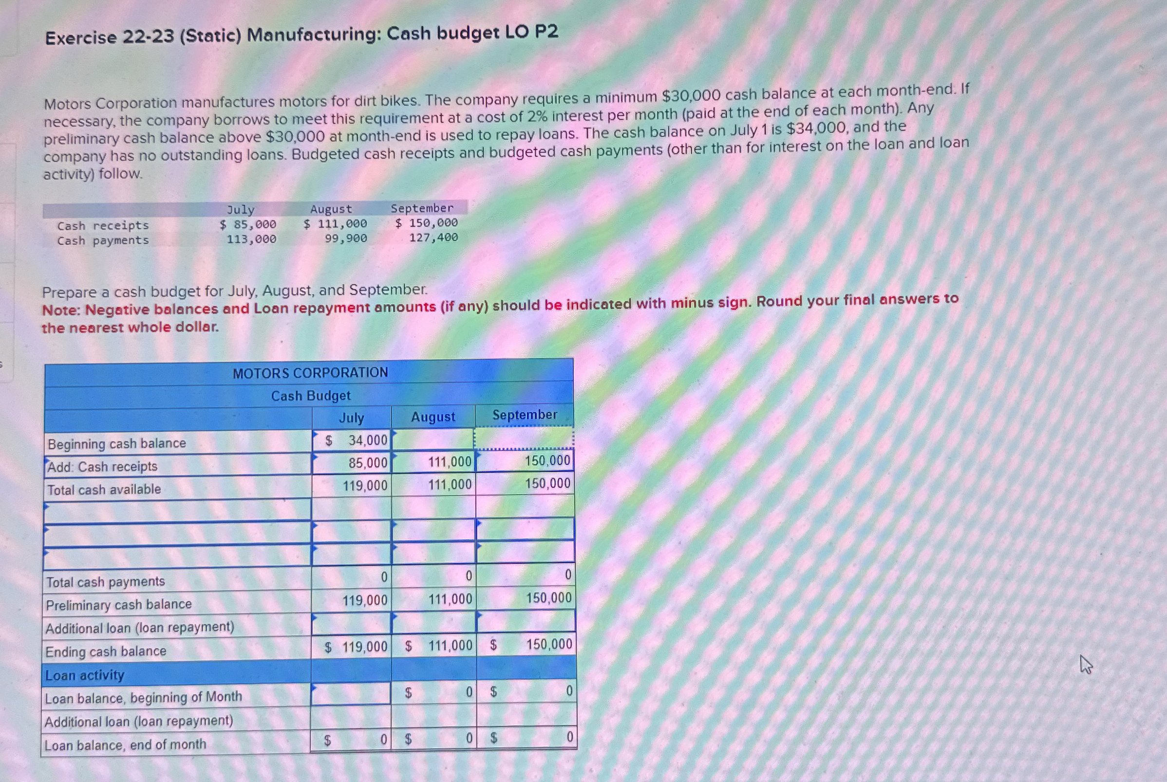  Exercise 22-23(Static) Manufacturing: Cash budget LO P2 Motors Corporation manufactures motors