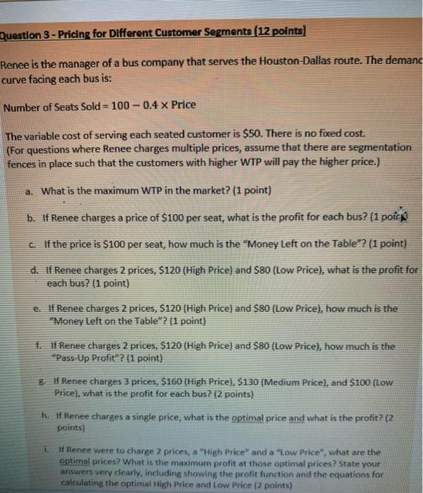 Need help with A, E, F and I Question 3 - Pricing