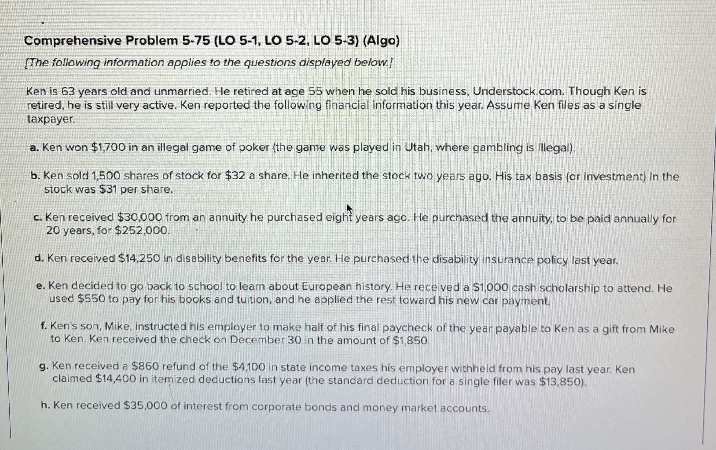  Comprehensive Problem 5-75(LO 5-1, LO 5-2, LO 5-3)(Algo) [The following information