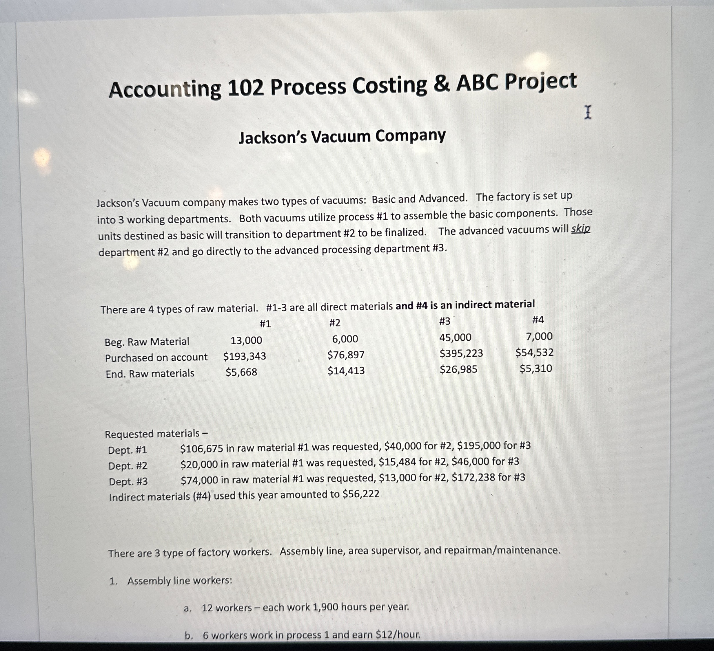  Accounting 102 Process Costing & ABC Project Jacksons Vacuum Company Jacksons