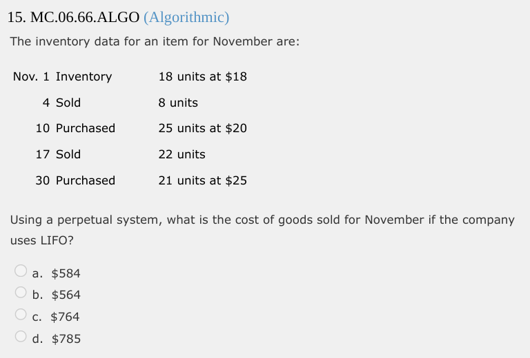  15. MC.06.66.ALGO (Algorithmic) The inventory data for an item for November