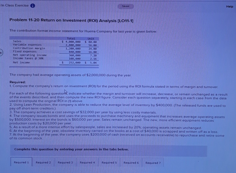  In Class Exercise Saved Help Problem 11-20 Return on Investment (ROI)