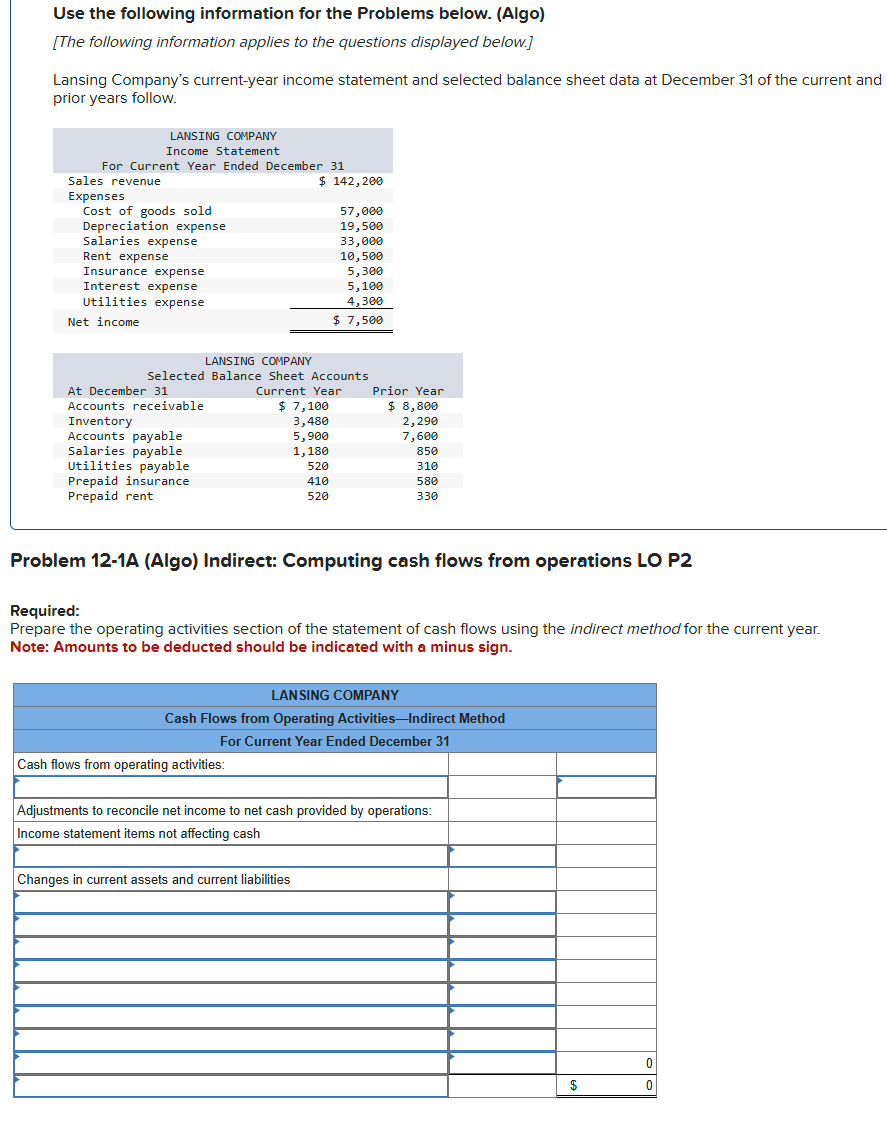  Use the following information for the Problems below. (Algo) Lansing Company's