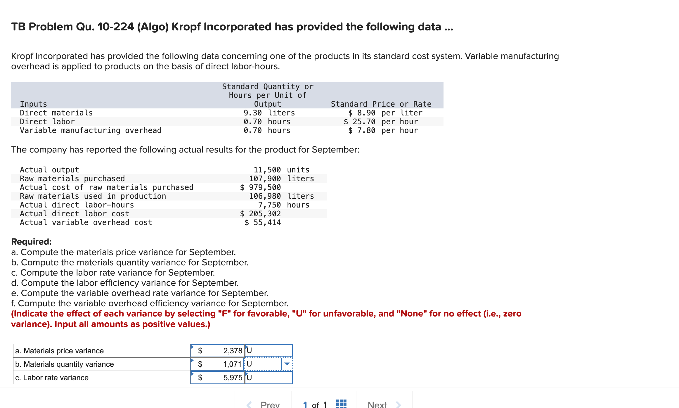  TB Problem Qu.10-224(Algo) Kropf Incorporated has provided the following data Kropf