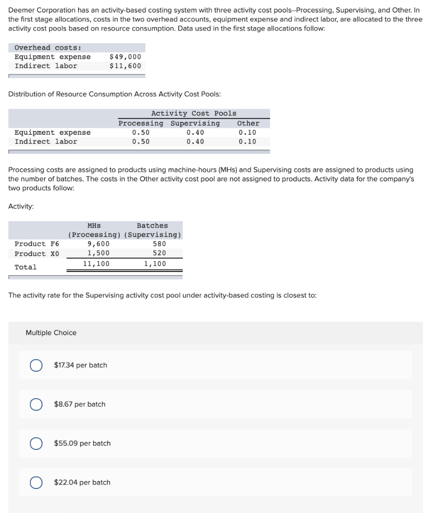  Deemer Corporation has an activity-based costing system with three activity cost