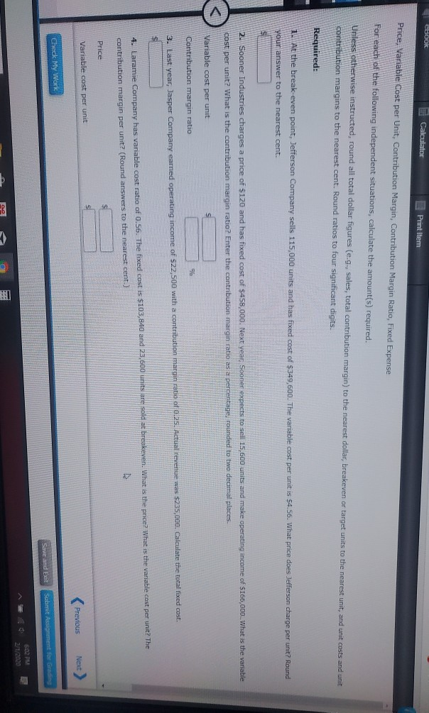 BOOK Calculator Print Item Price, Variable Cost per Unit, Contribution Margin,