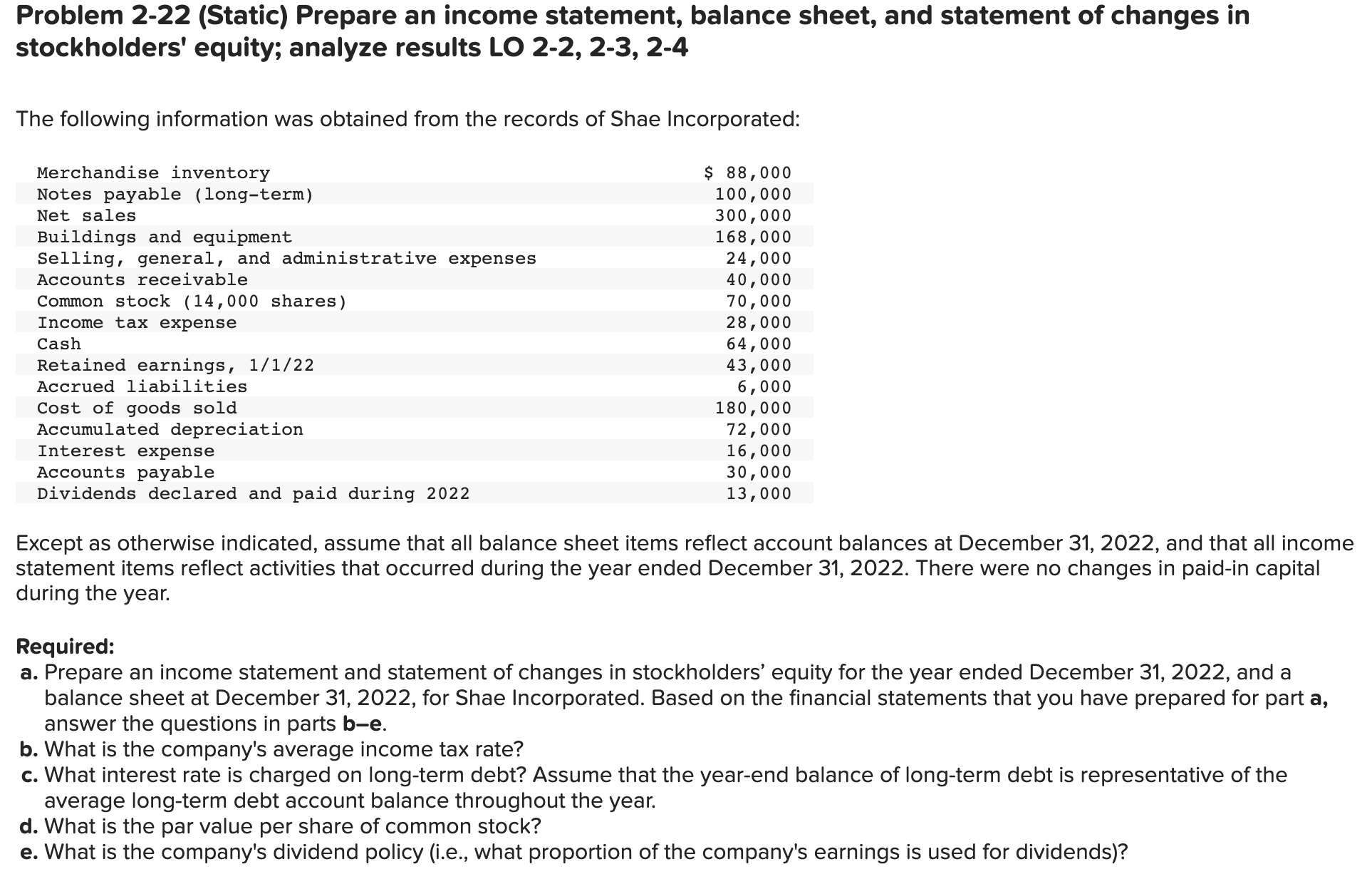  Problem 2-22 (Static) Prepare an income statement, balance sheet, and statement