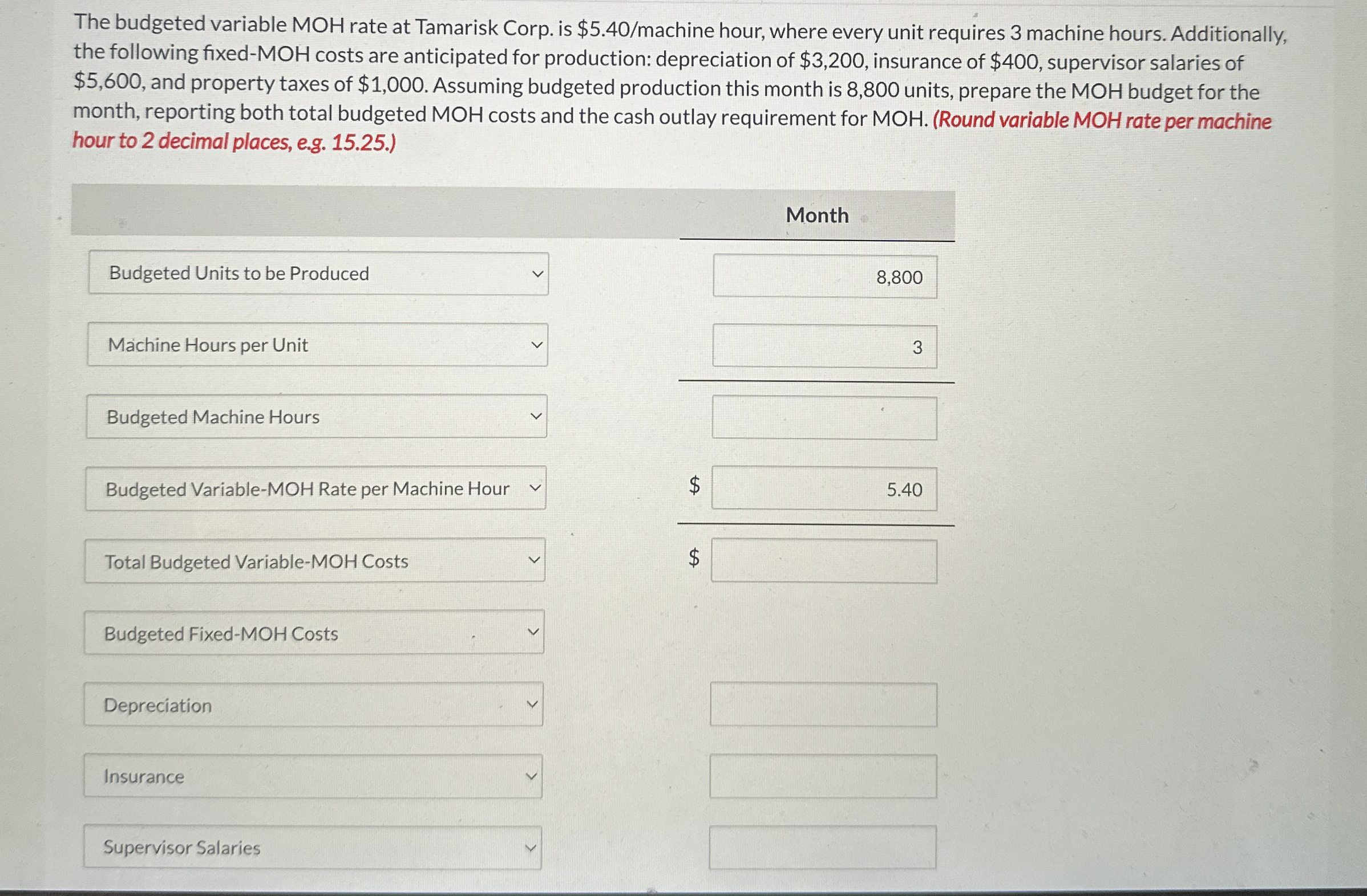  The budgeted variable MOH rate at Tamarisk Corp. is $5.40? machine