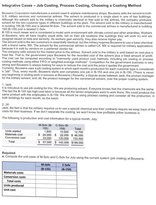 Please show step by step solution. Integrative Cases -Job Costing, Process