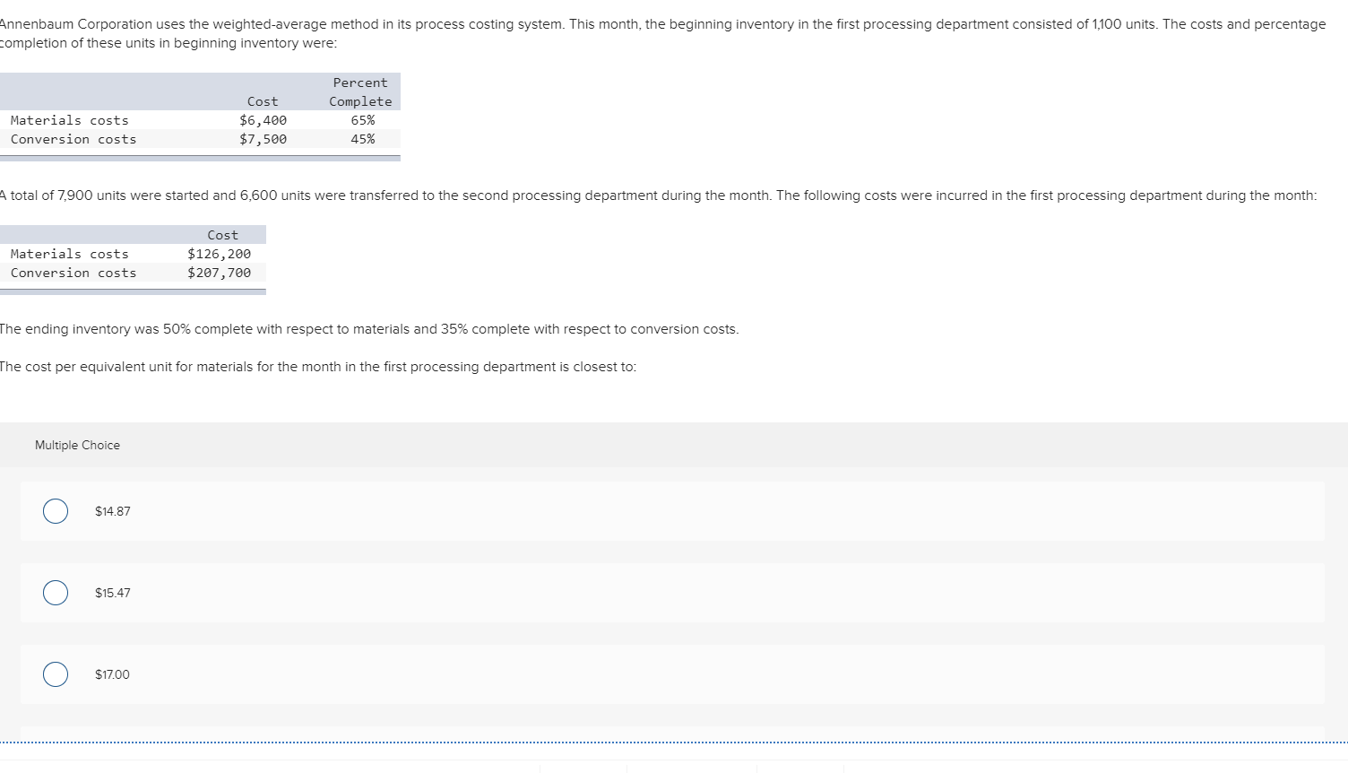  Annenbaum Corporation uses the weighted average method in its process costing