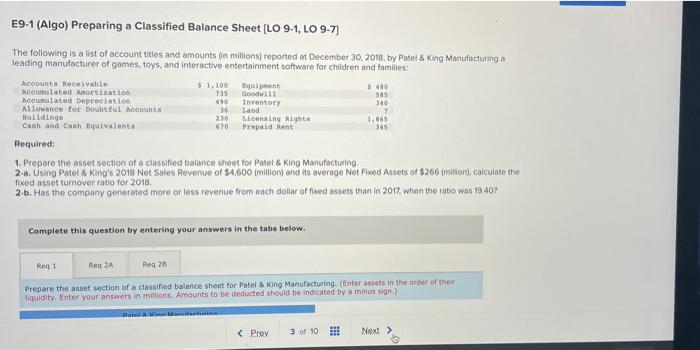 please HELP!!!! E9-1 (Algo) Preparing a Classified Balance Sheet (LO 9-1, LO
