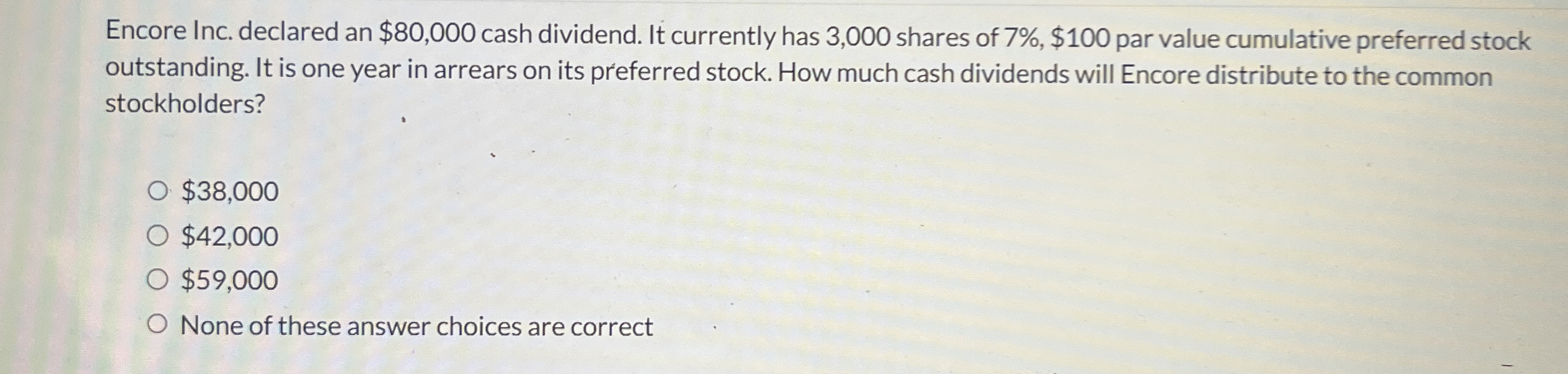  Encore Inc. declared an $80,000 cash dividend. It currently has 3,000