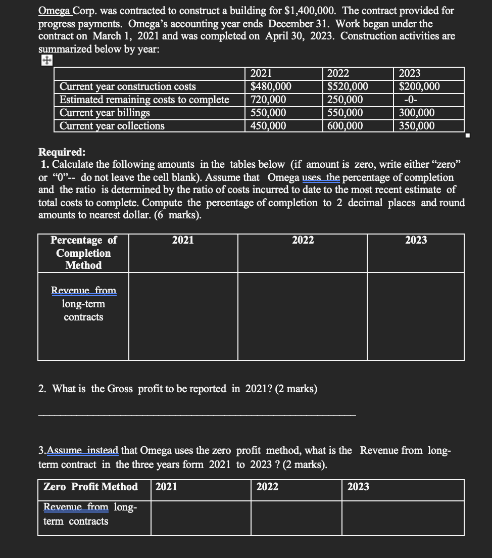  Omega Corp. was contracted to construct a building for $1,400,000. The