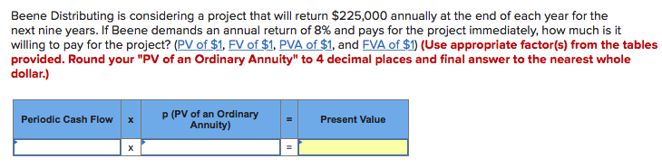 Beene Distributing is considering a project that will return $225,000 annually