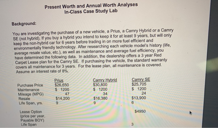 IN excel Present Worth and Annual Worth Analyses In-Class Case Study Lab