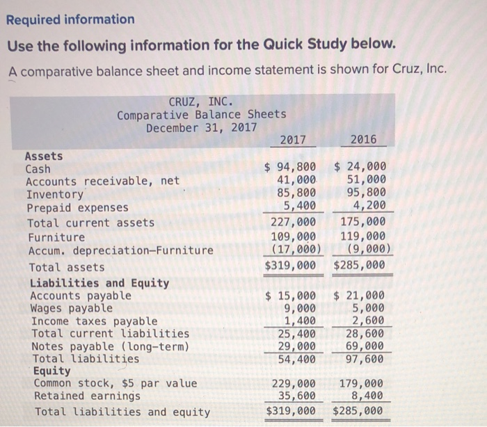  Required information Use the following information for the Quick Study below.