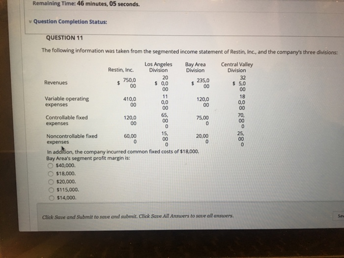  Remaining Time: 46 minutes, 05 seconds. Question Completion Status: QUESTION 11