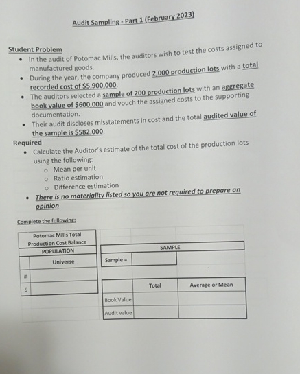  Audit Sampling - Part 1(February 2023) Student Problem In the audit