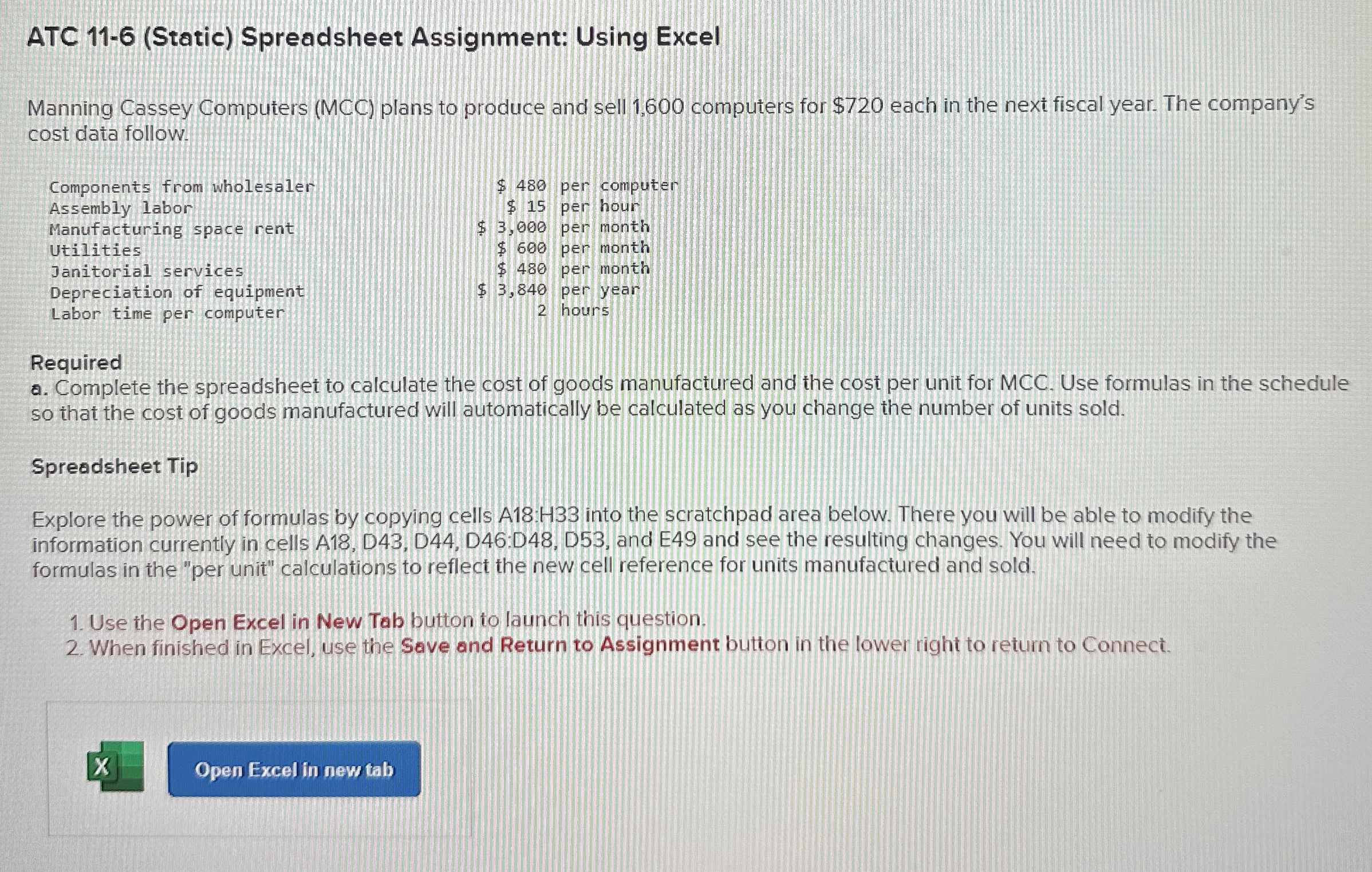  ATC 11-6(Static) Spreadsheet Assignment: Using Excel Manning Cassey Computers (MCC) plans