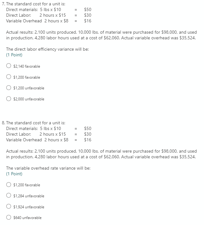 7. The standard cost for a unit is: Direct materials: 5