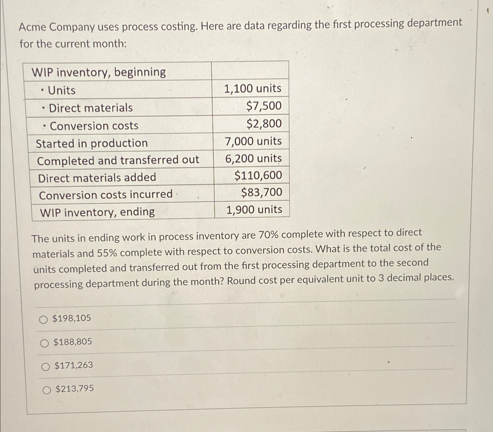  Acme Company uses process costing. Here are data regarding the first