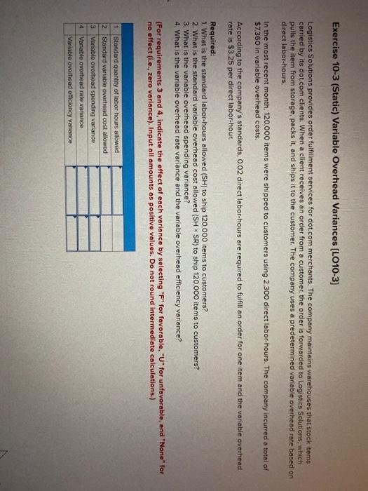  Exercise 10-3 (Static) Variable Overhead Variances (LO10-3] Logistics Solutions provides order