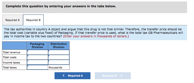three divisions: Manufacturing, Packaging, and Distribution. Manufacturing, located in country A, manufactures