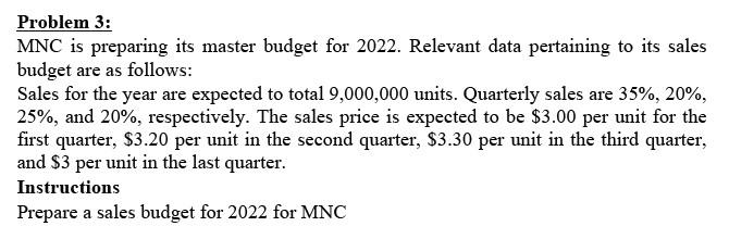 Problem 3: MNC is preparing its master budget for 2022. Relevant