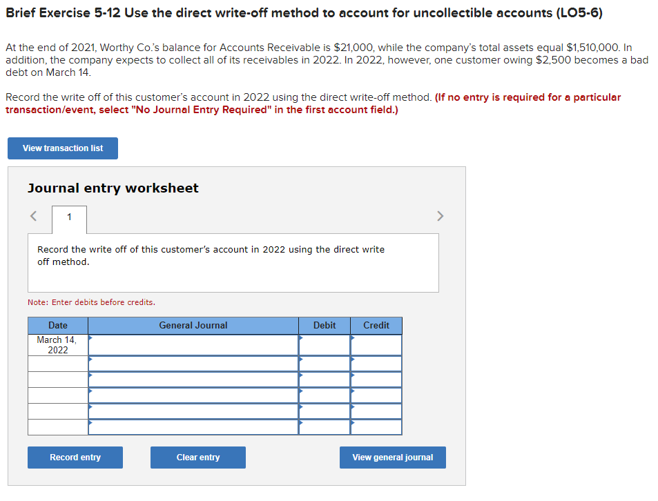  Brief Exercise 5-12 Use the direct write-off method to account for