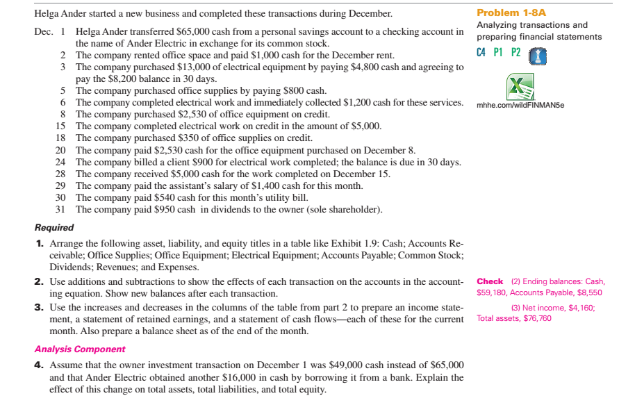 Please help with answering this problem Problem 1-8A Analyzing transactions and