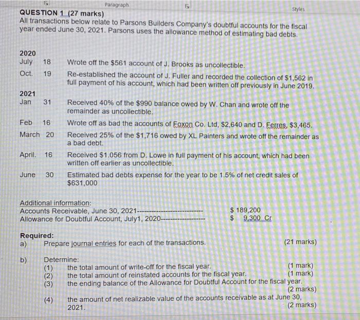  Paragraph Styles QUESTION 1 (27 marks) All transactions below relate to