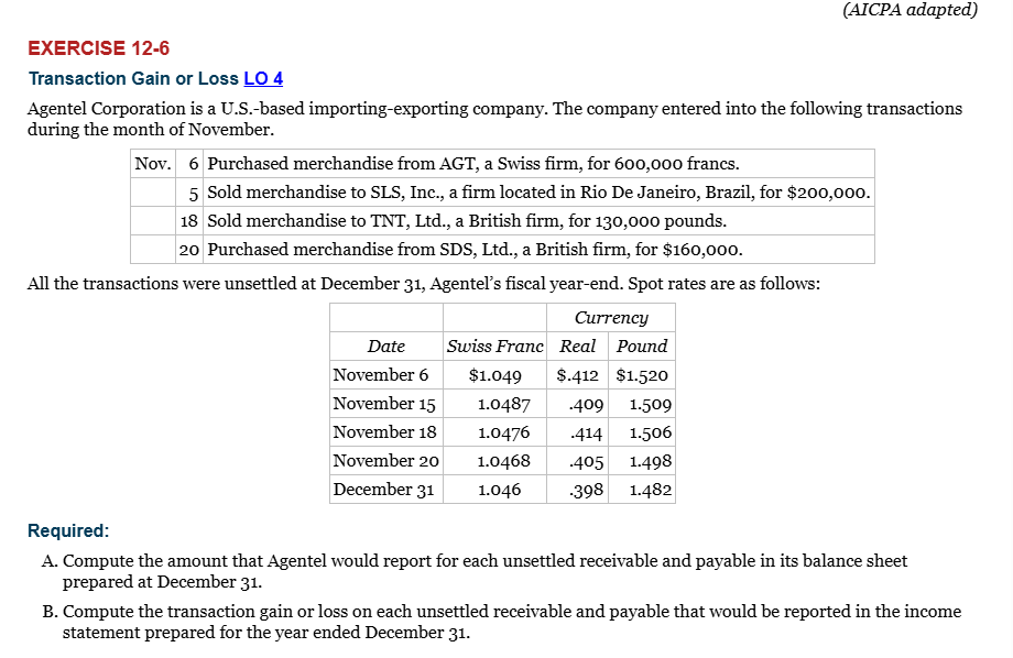  EXERCISE 12-6 Transaction Gain or Loss LO 4 Agentel Corporation is