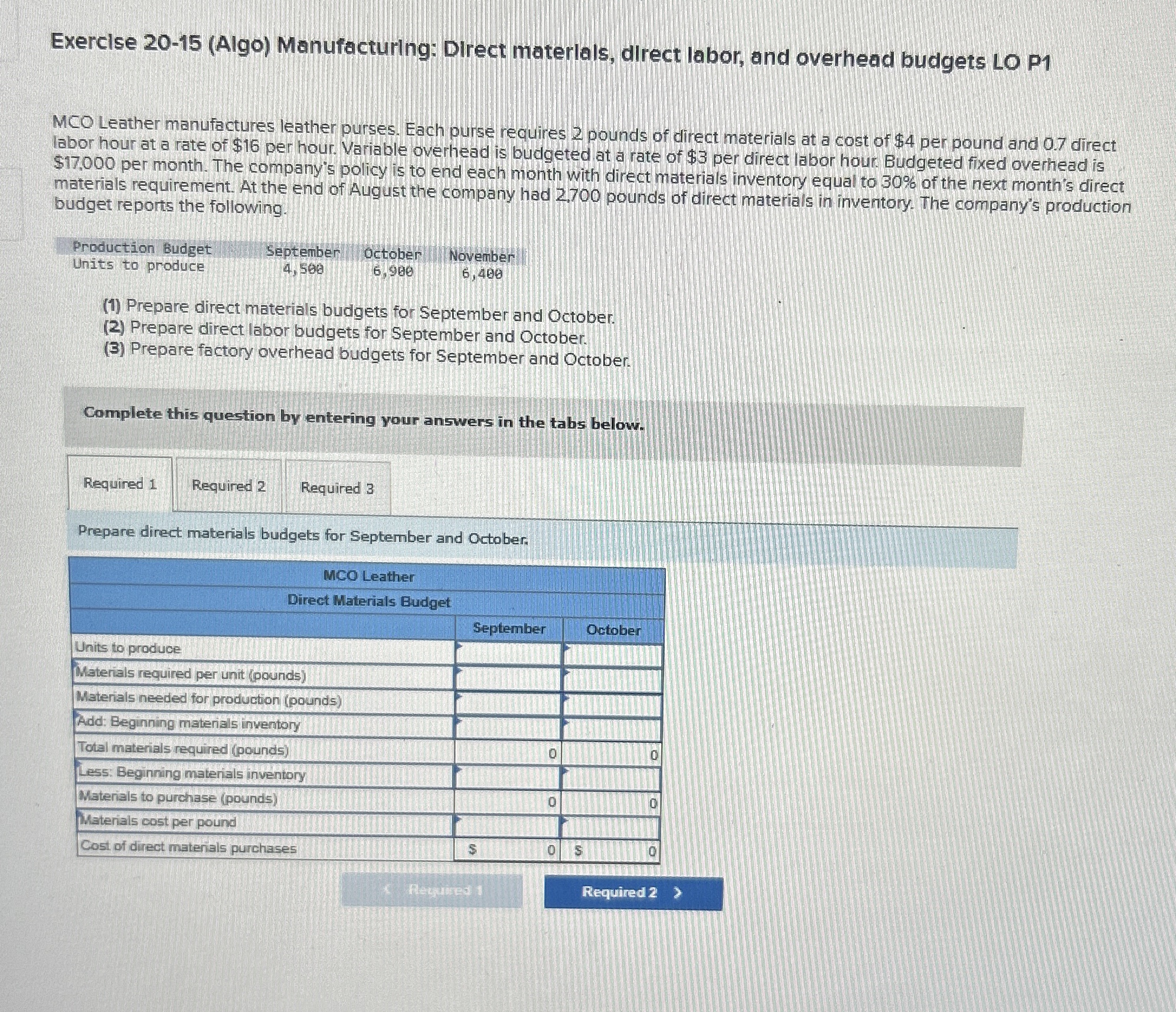  Exercise 20-15(Algo) Manufacturing: Direct materlals, direct labor, and overhead budgets LO
