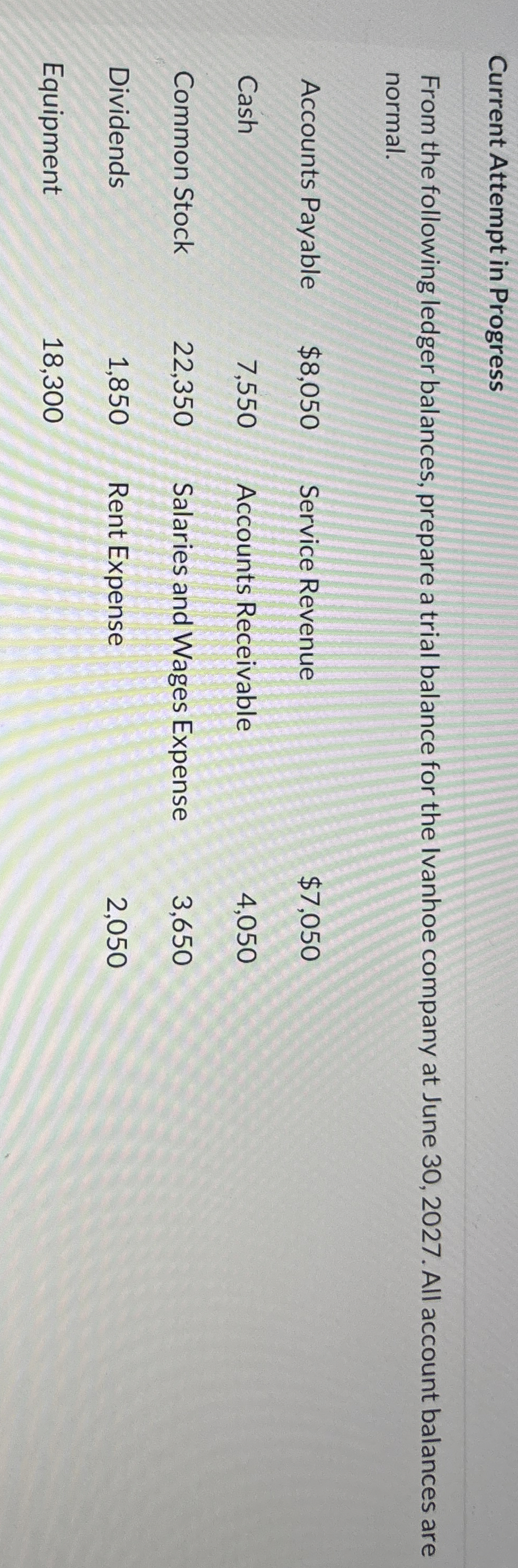  Current Attempt in Progress From the following ledger balances, prepare a