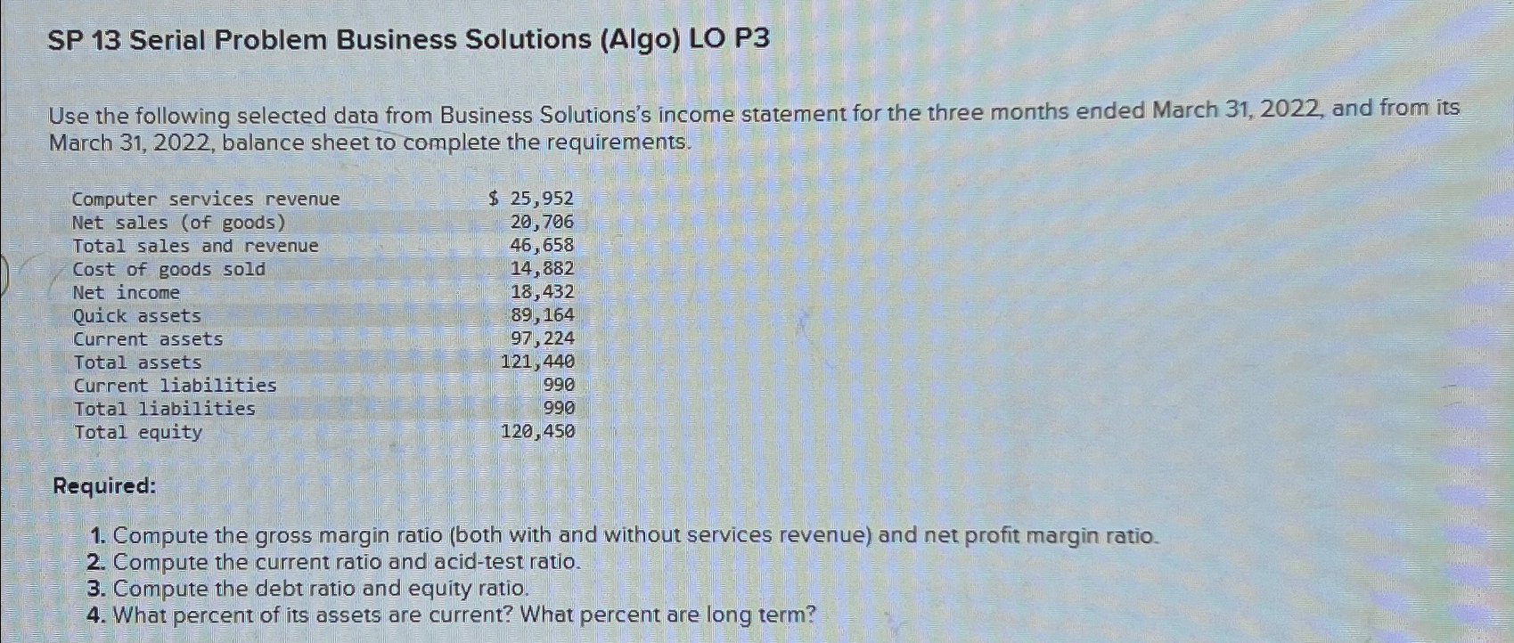  SP 13 Serial Problem Business Solutions (Algo) LO P3 Use the
