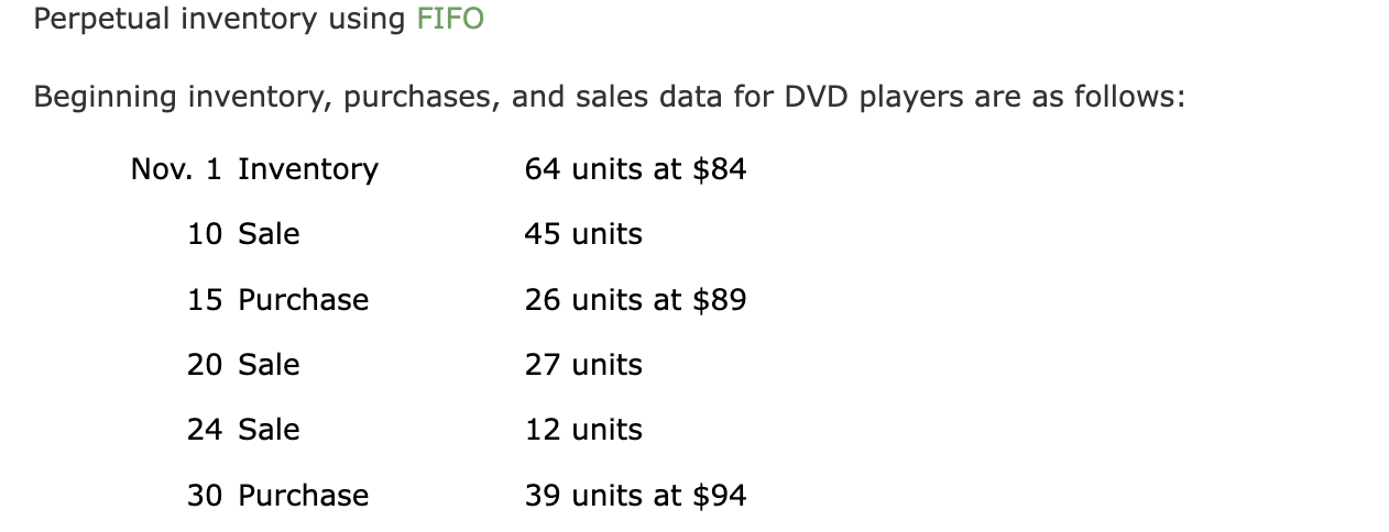  Perpetual inventory using FIFO Beginning inventory, purchases, and sales data for